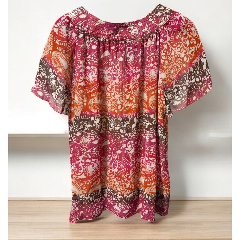 Fairycore East 5th Woman Blouse Orange Pink Elastic Waist Boho Peasant Top 1X - Picture 2 of 11